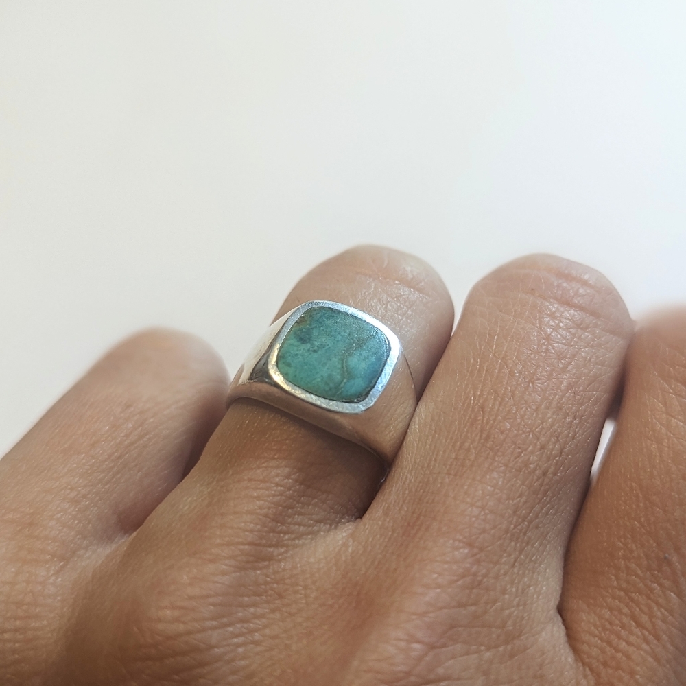 Sterling Silver Turquoise Cushion Signet Ring - Teal